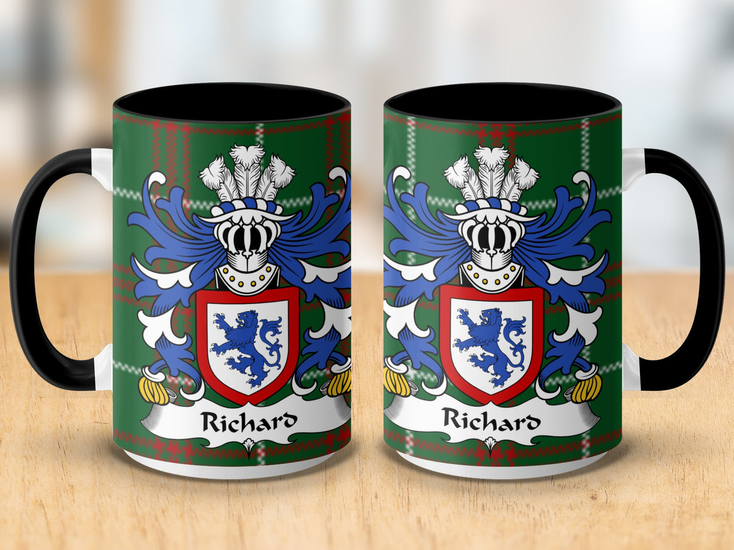 Richard Welsh Surname Coat of Arms Tartan Background Mug - Living Stone Gifts