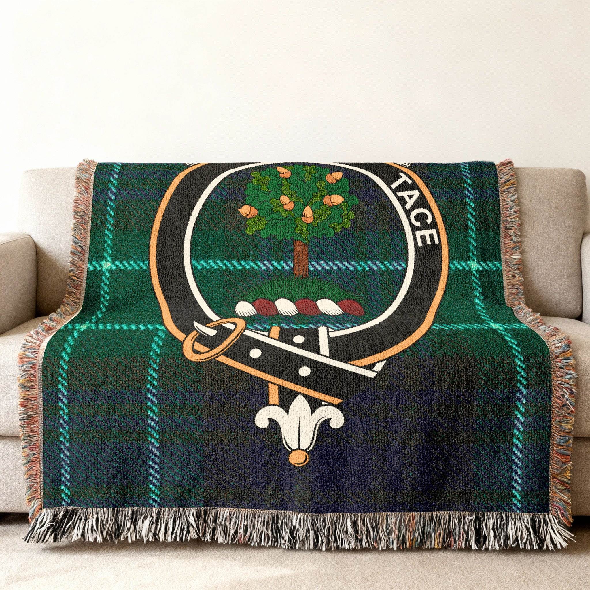 Abercrombie clan crest tartan throw woven blanket — fringe edge detail