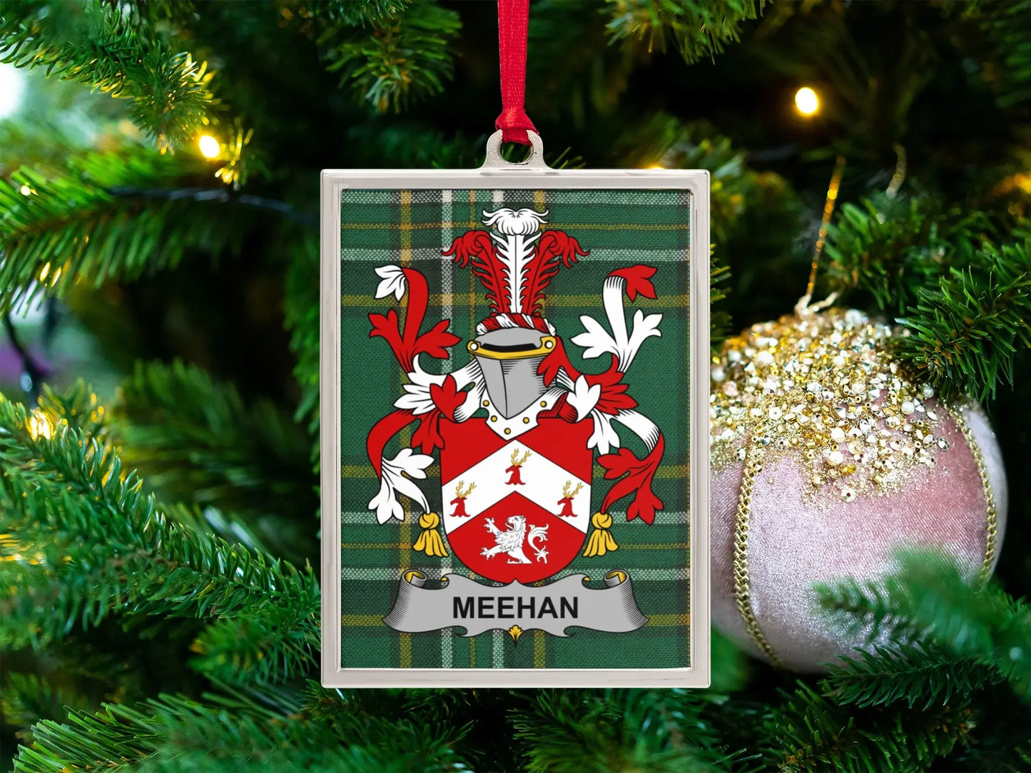 Meehan Family Crest Plaid Christmas Tree Ornament product type