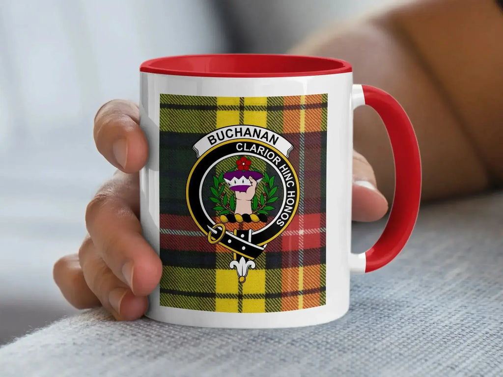 Buchanan clan tartan accent mug — navy handle, glossy ceramic 11 oz