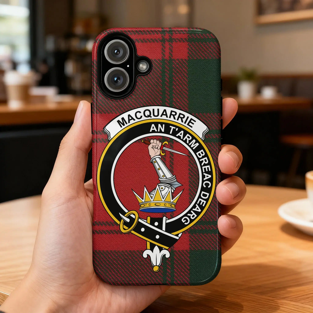 Clan MacQuarrie tartan phone case — full 3D wrap print with red tartan clan crest, glossy finish