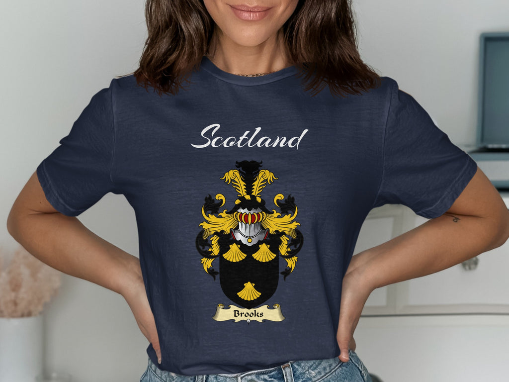 Brooks Scottish family shield design on Navy T-shirt
