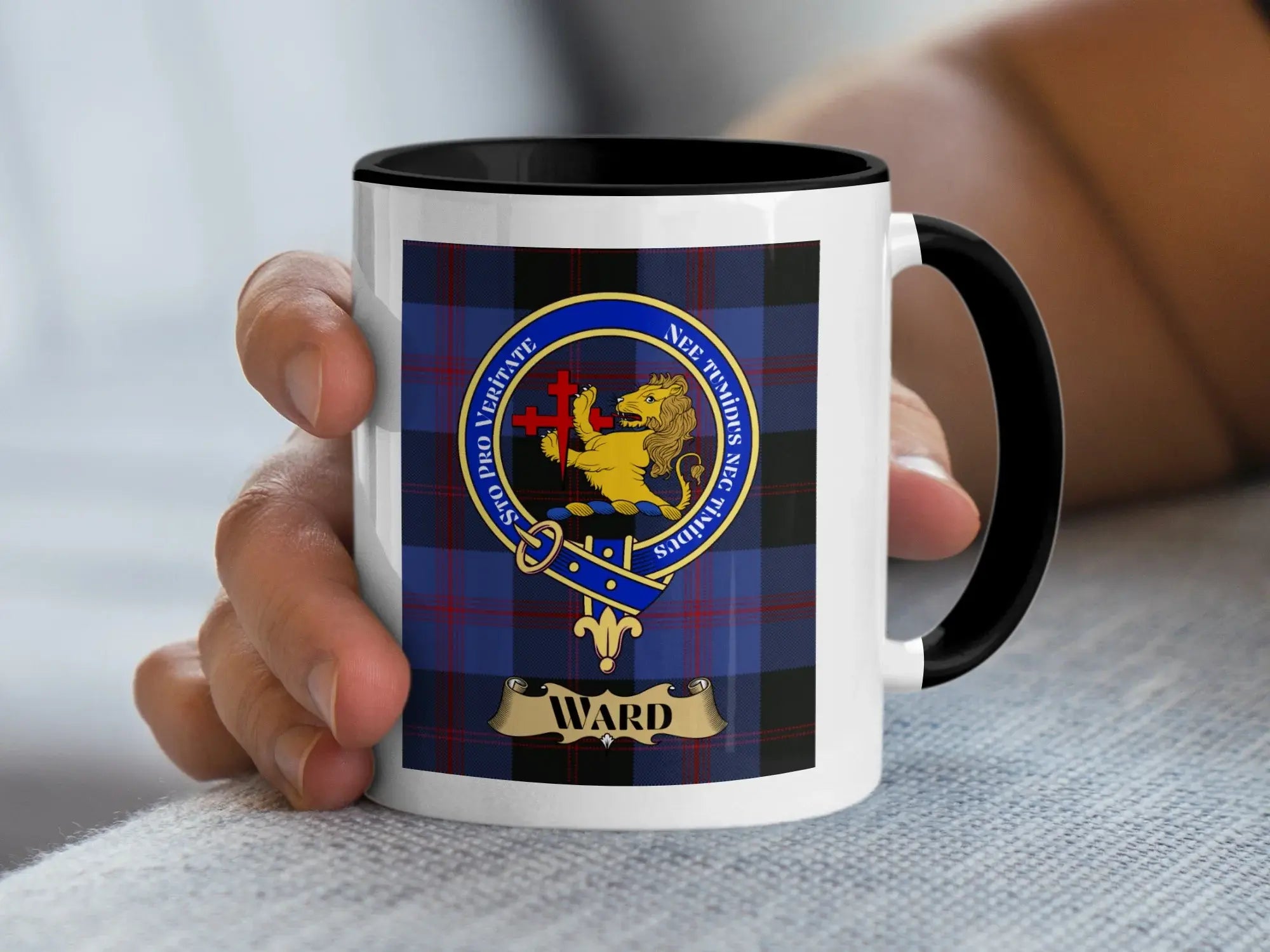 Ward tartan mug with a coloured accent handle and interior