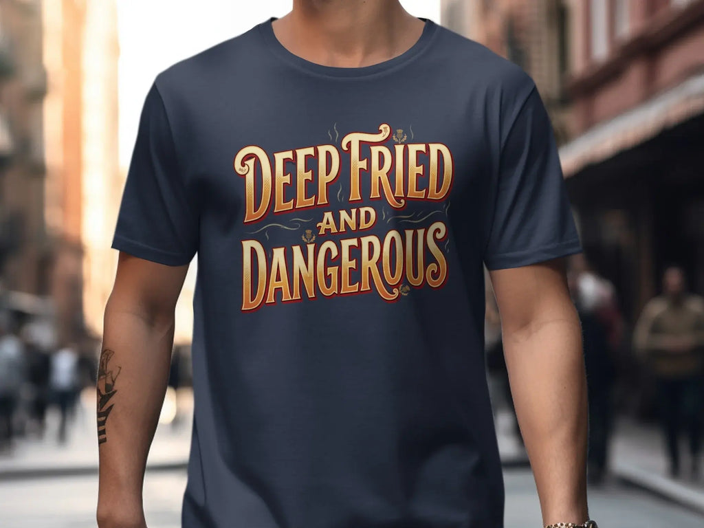 Navy t-shirt with "Deep Fried and Dangerous" text in gold and red lettering.