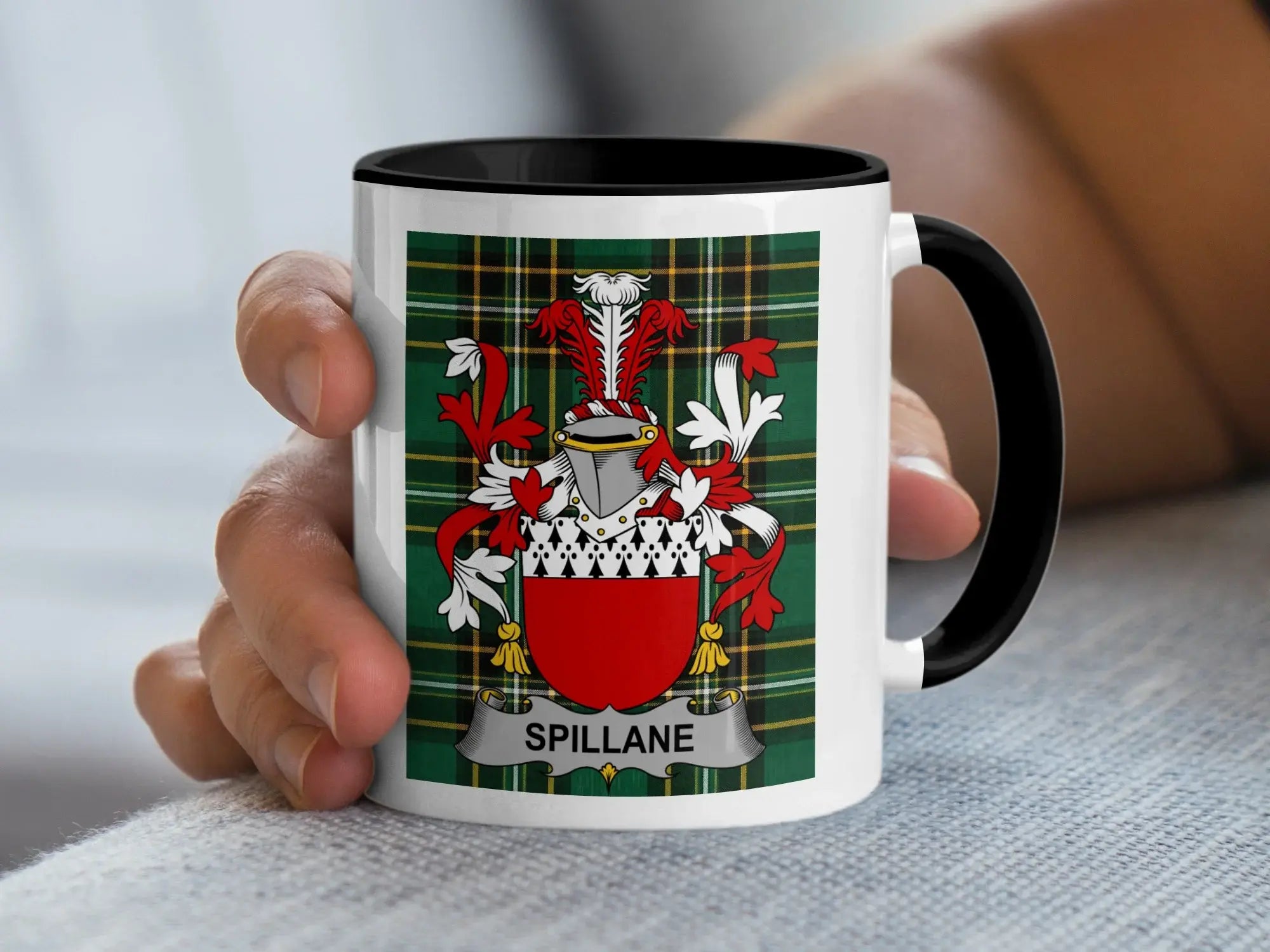 Spillane Irish family crest black accent mug with Irish National Tartan