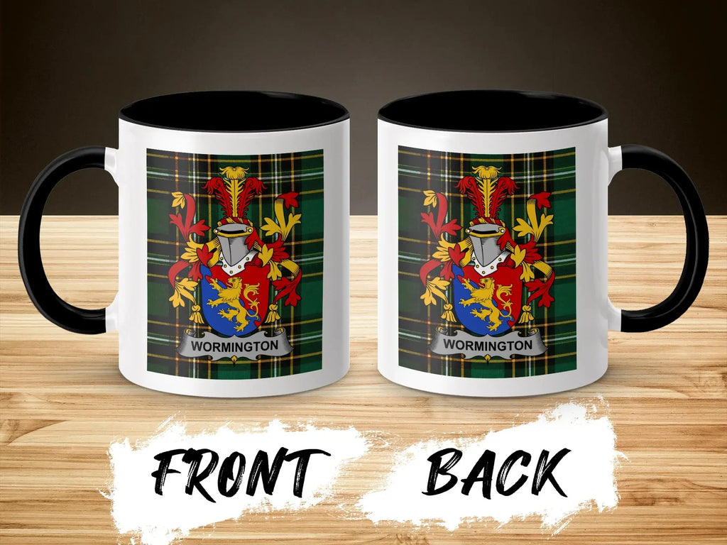 Two mugs displaying a coat of arms with the text "Wormington" on a wooden surface.