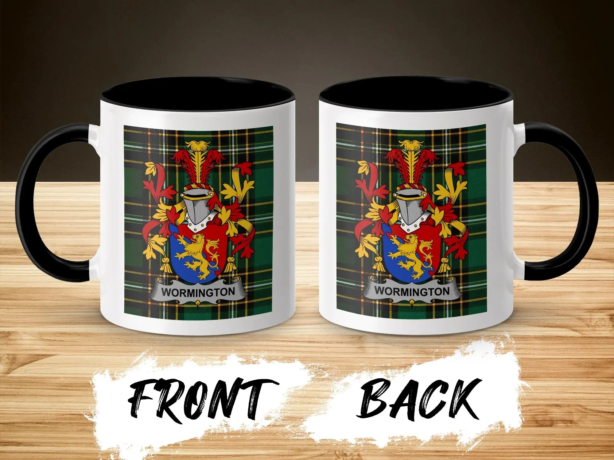 Two mugs displaying a coat of arms with the text "Wormington" on a wooden surface.