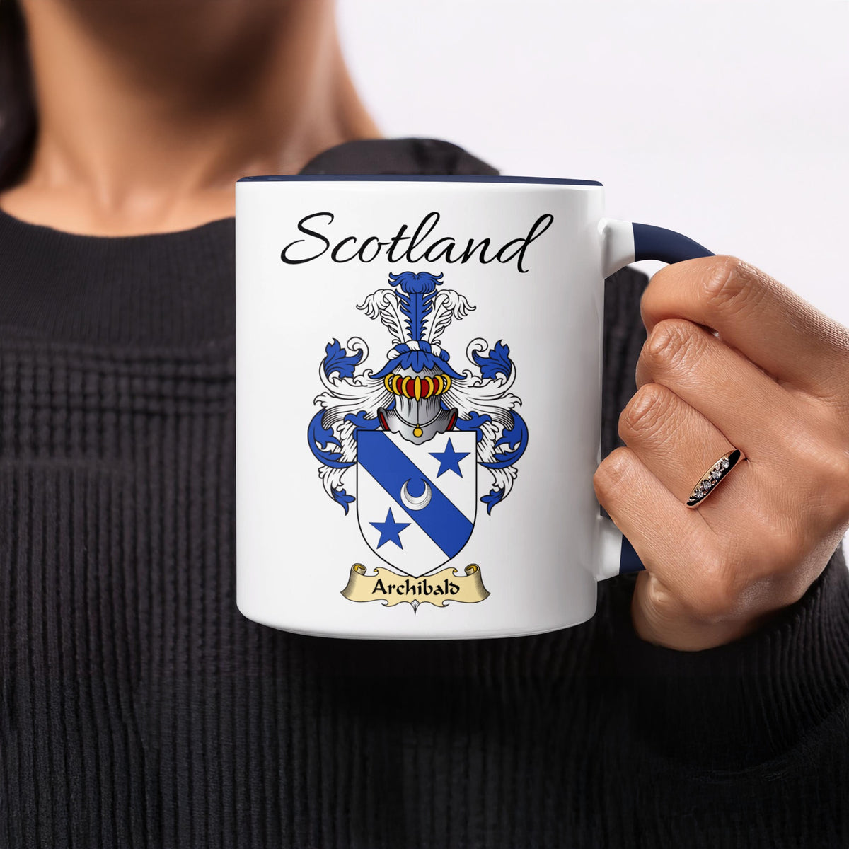 Red-accent Archibald Scottish family crest mugs with Scotland above the heraldic shield