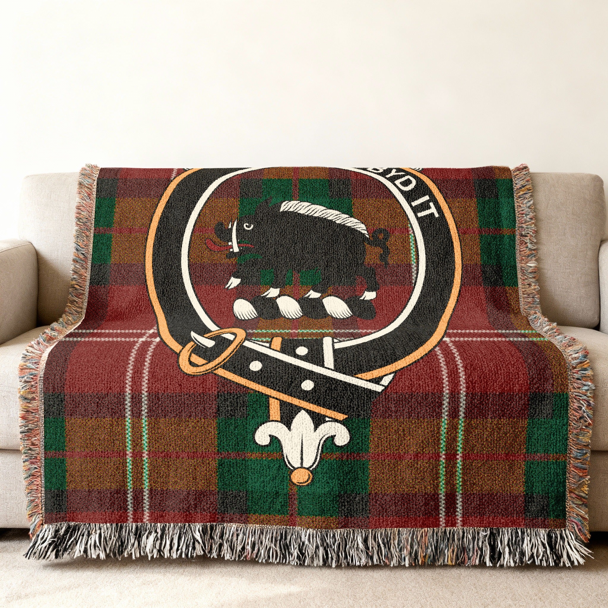 Tartan Blanket with Boar Crest Design on Couch