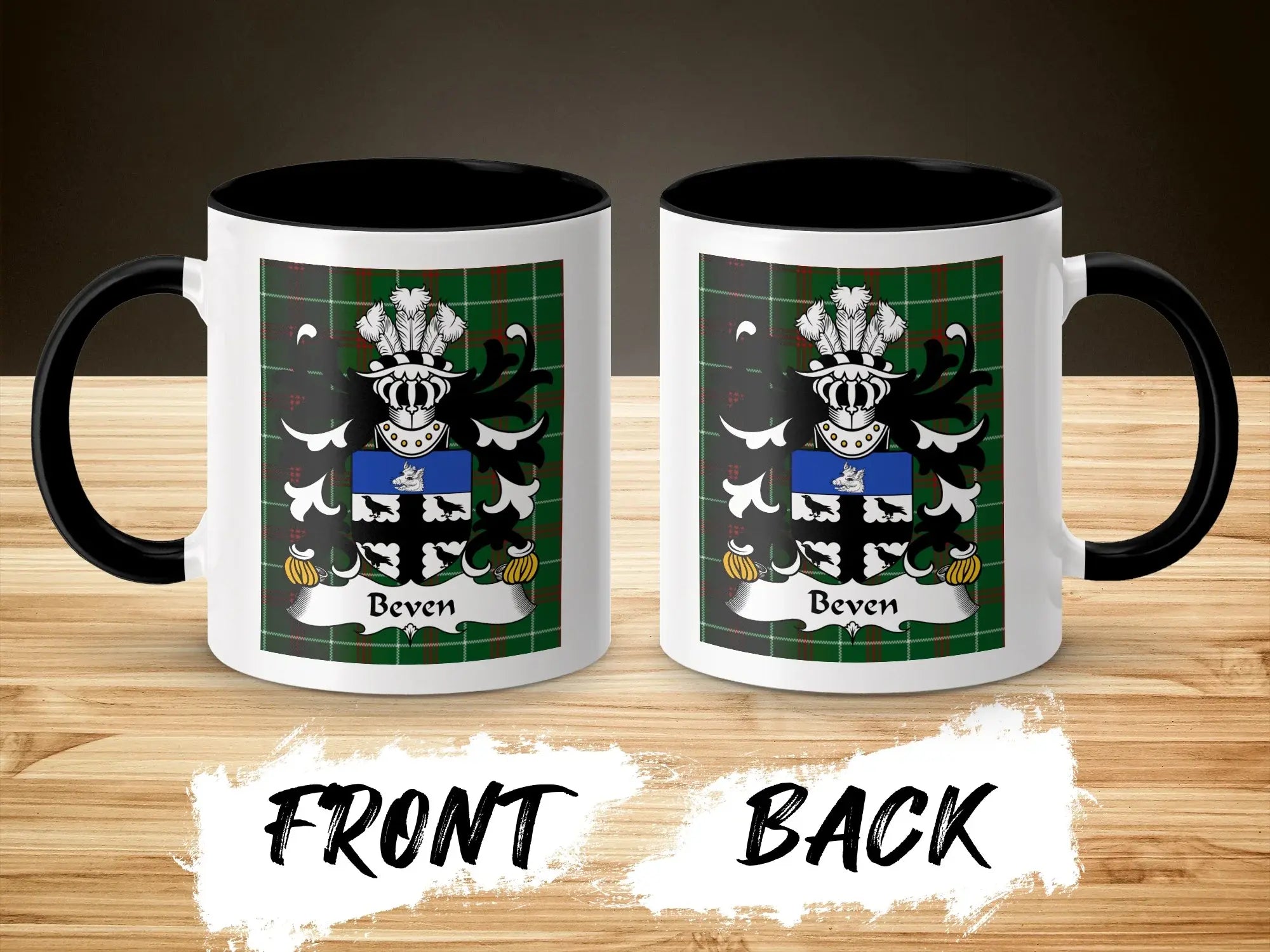 Beven Welsh surname coffee mug front and back view with family crest on tartan