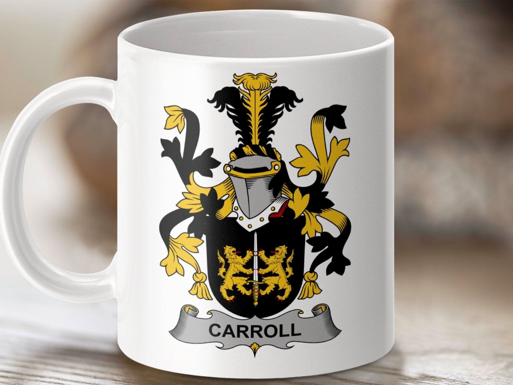 Carroll Surname Irish Family Crest Coat Arms Heraldry Mug - Celtic Ancestry Gifts