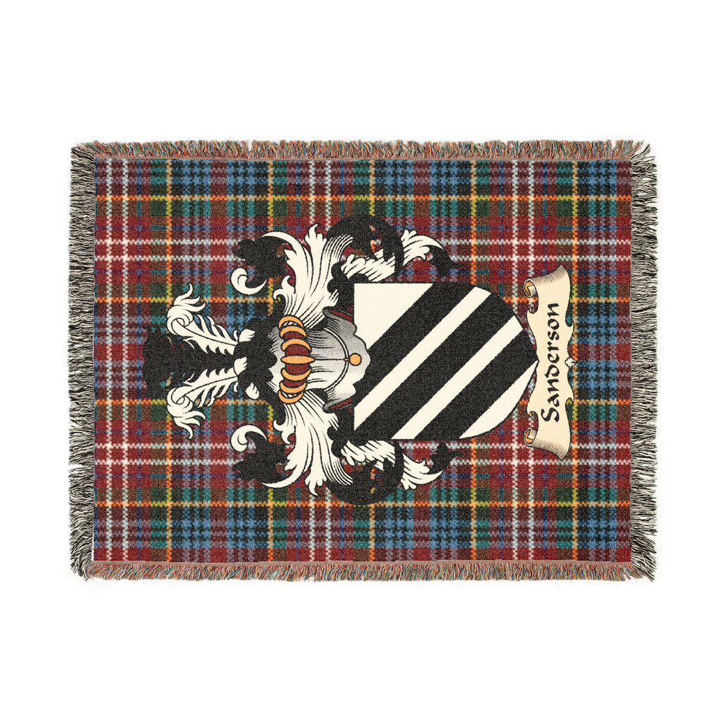 Sanderson Scottish woven blanket with family shield and Caledonia tartan background