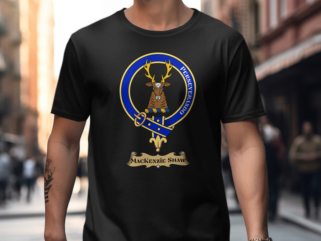 Mackenzie Shaw Scottish clan crest design on black T-shirt