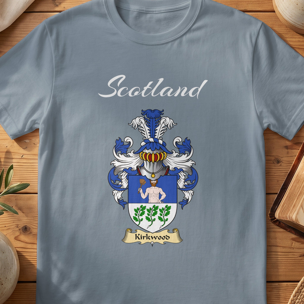 Kirkwood Scottish family shield T-shirt in Stone Blue