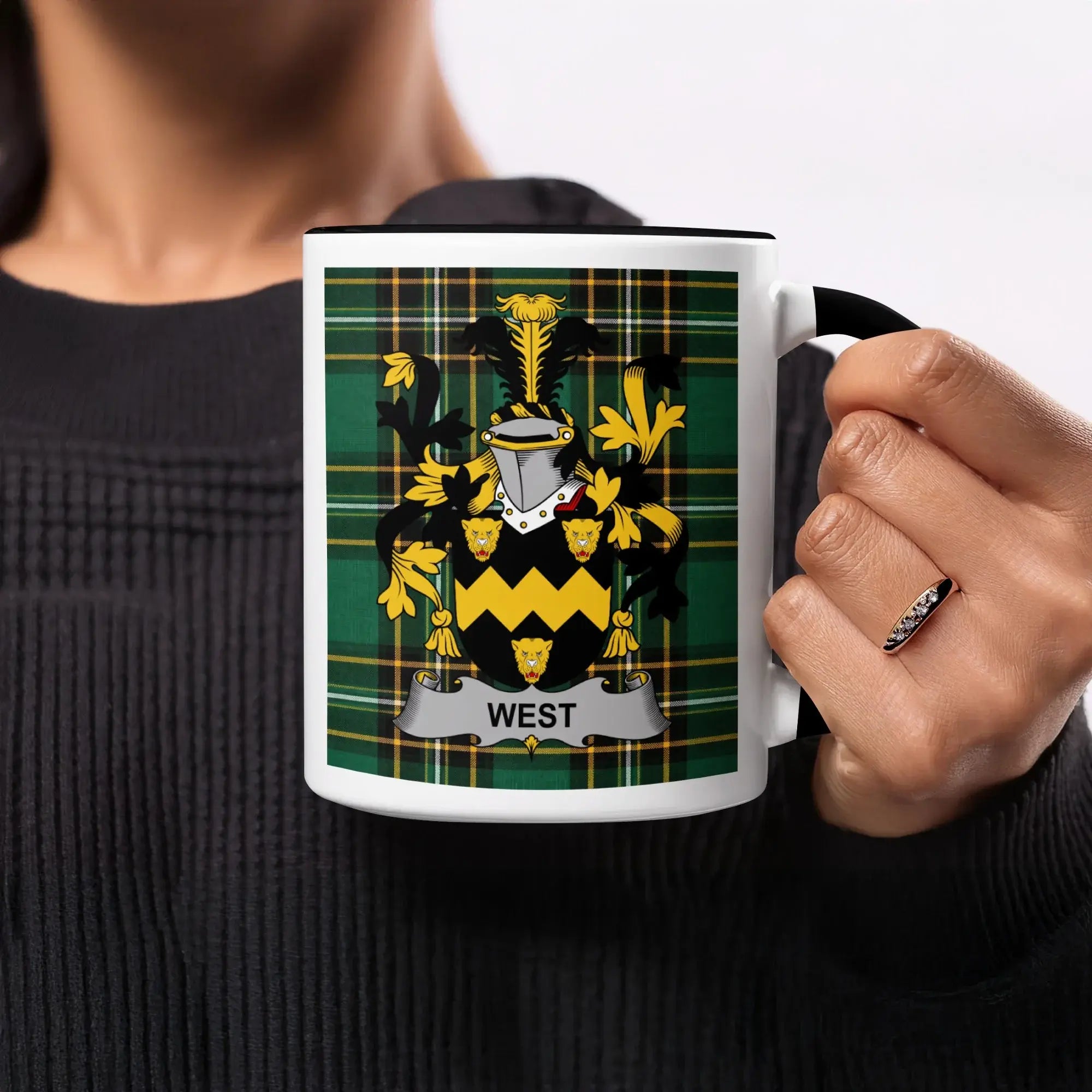 Mug with green tartan and West family crest.