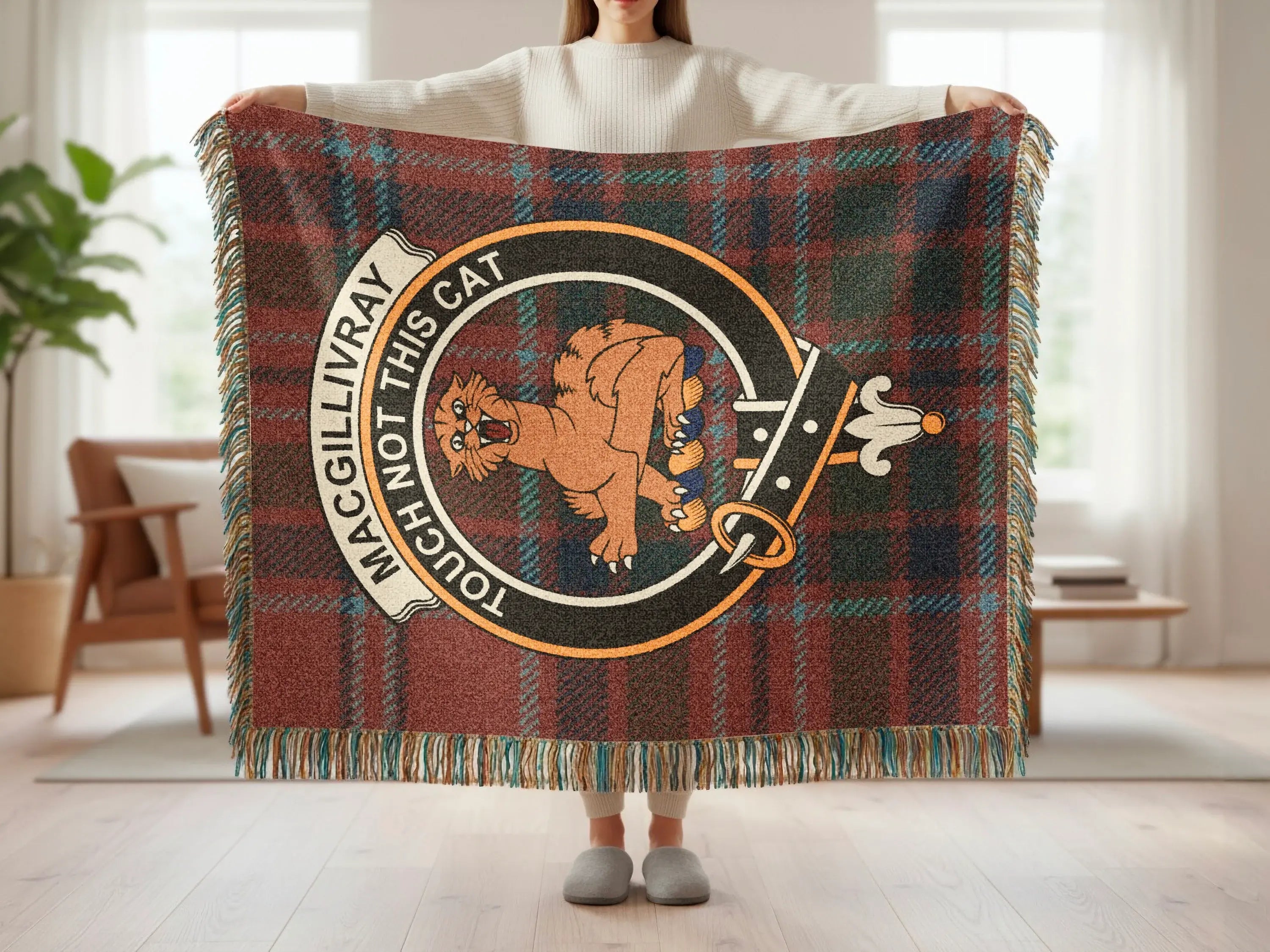 MacGillivray tartan woven blanket showing full crest — 60x50 inch cotton heirloom throw