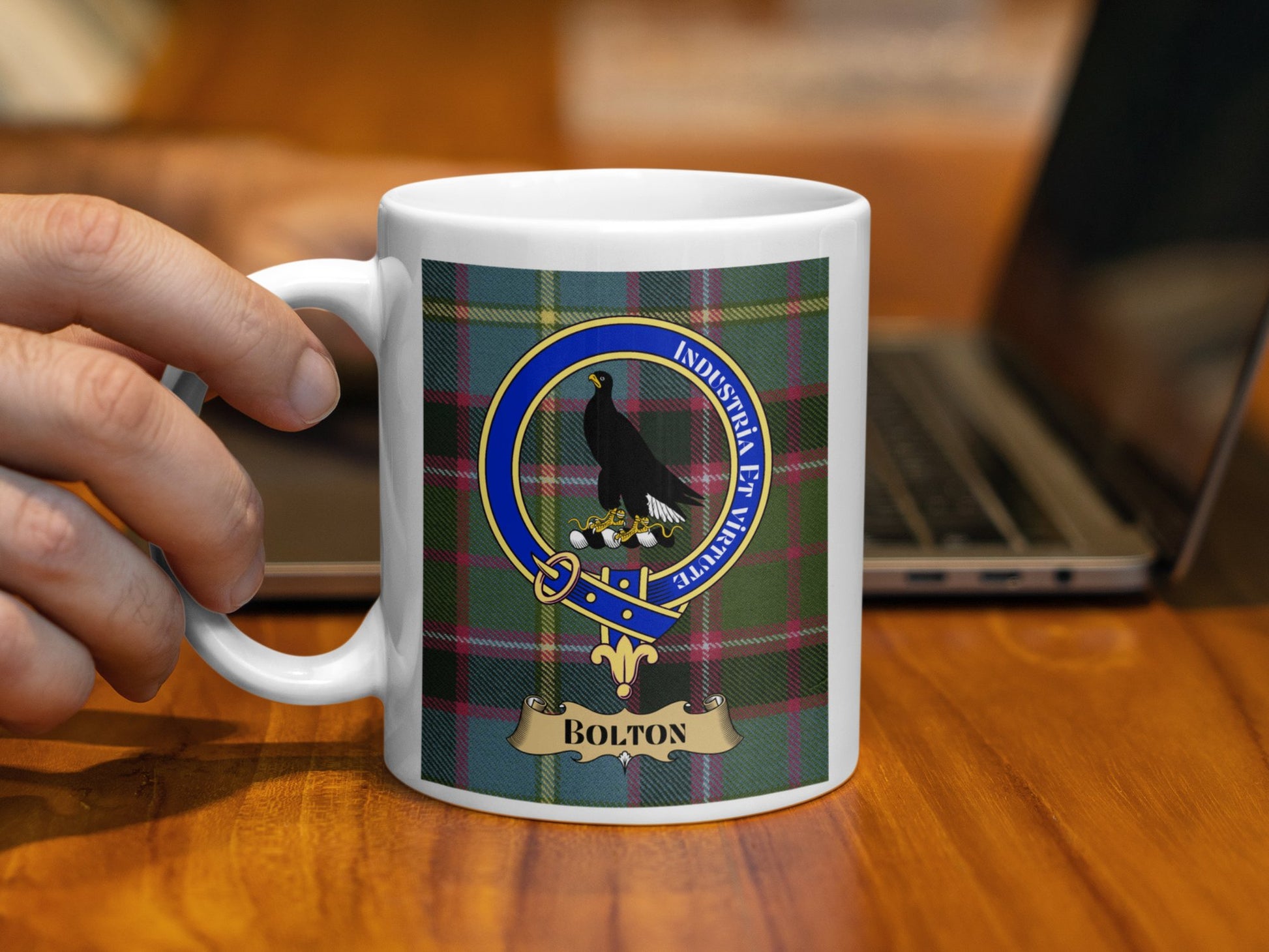 Clan Bolton Crest Badge with Tartan Background Mug - Living Stone Gifts