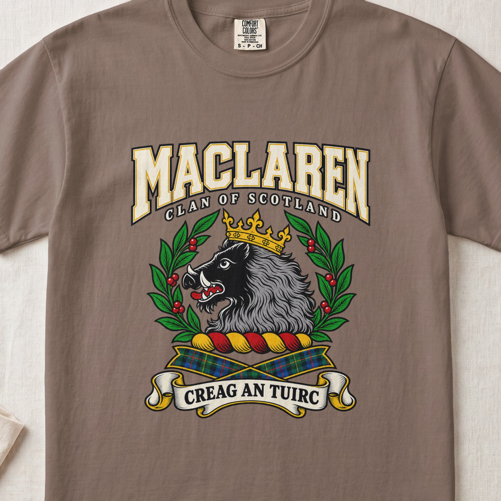 MacLaren graphic T-shirt in Espresso brown, front flat lay showing varsity lettering and crowned black and grey boar head with white tusks.