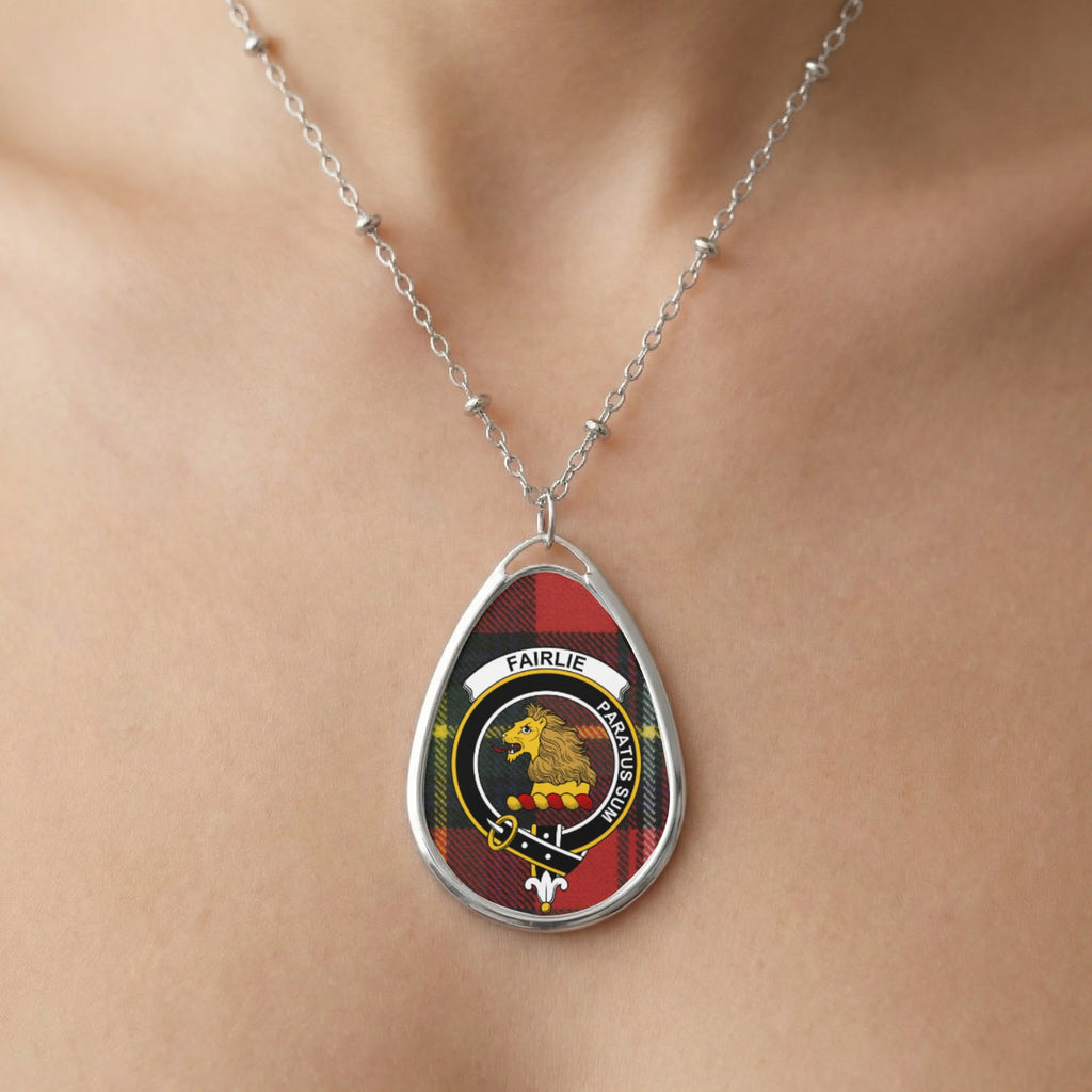 Close-up of Fairlie clan tartan pendant necklace with crest design