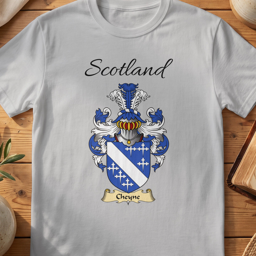 Sport Grey Cheyne Scottish family shield T-shirt featuring a white diagonal band and small crosses on blue
