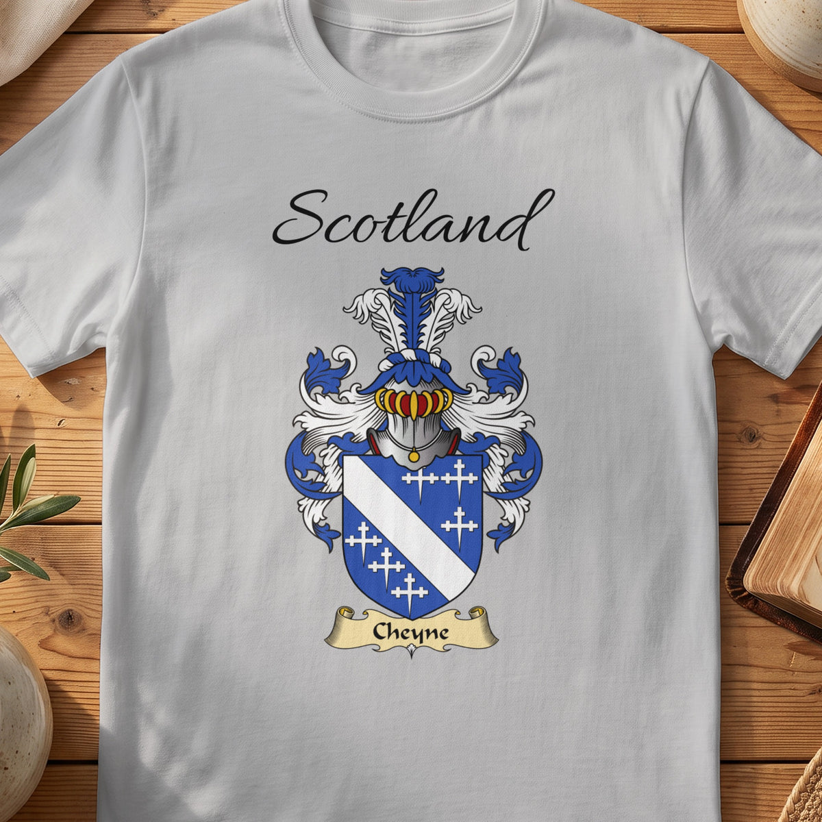 Sport Grey Cheyne Scottish family shield T-shirt featuring a white diagonal band and small crosses on blue