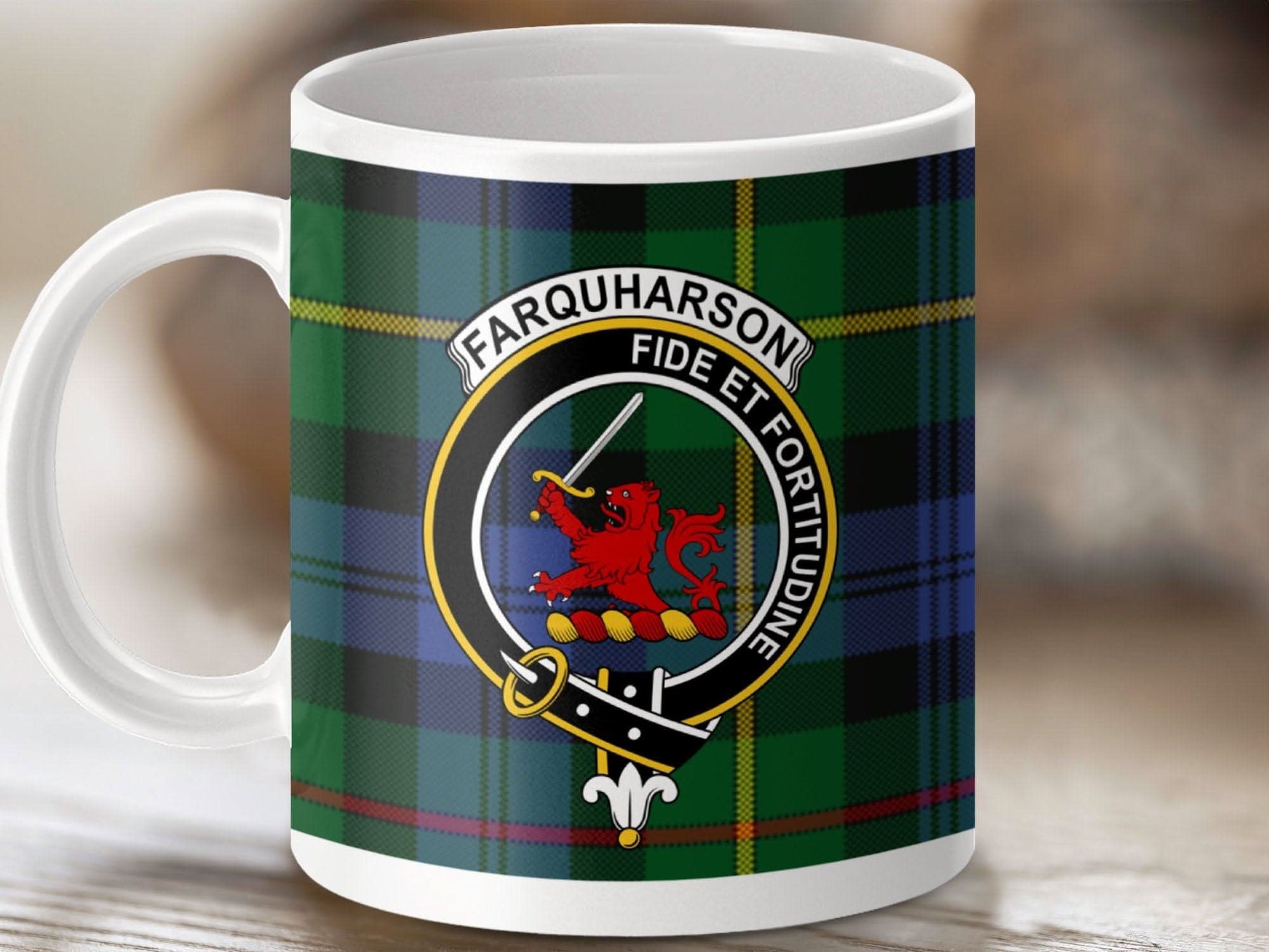 Farquharson Clan Crest Tartan Mug Authentic Scottish product