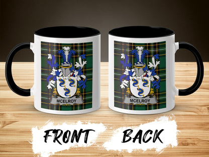 Mcelroy coat of arms on a plaid mug, front and back view.