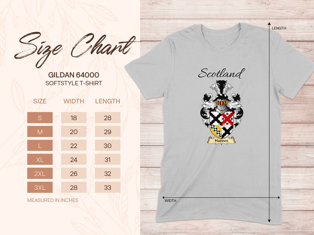 Gildan 64000 size chart for the Hadden unisex T-shirt, sizes S to 3XL