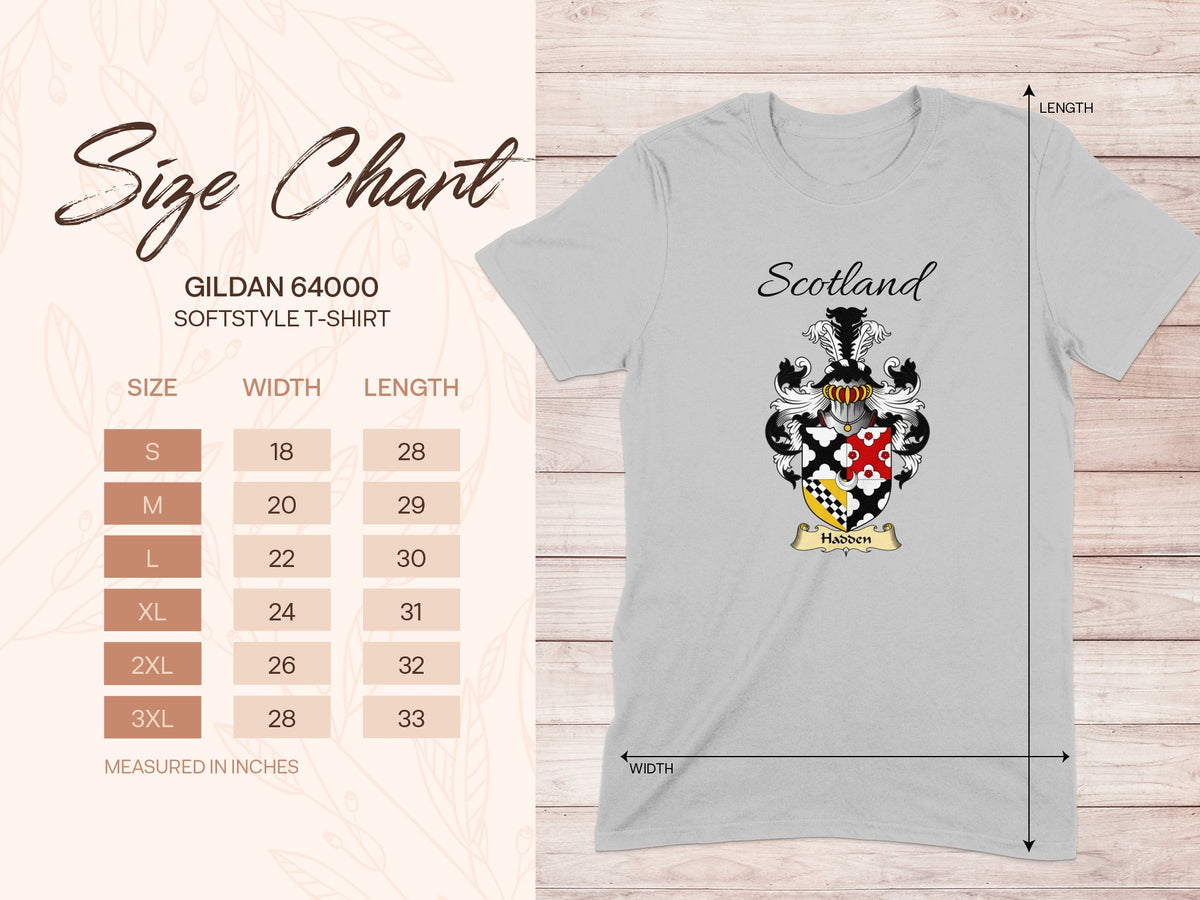 Gildan 64000 size chart for the Hadden unisex T-shirt, sizes S to 3XL