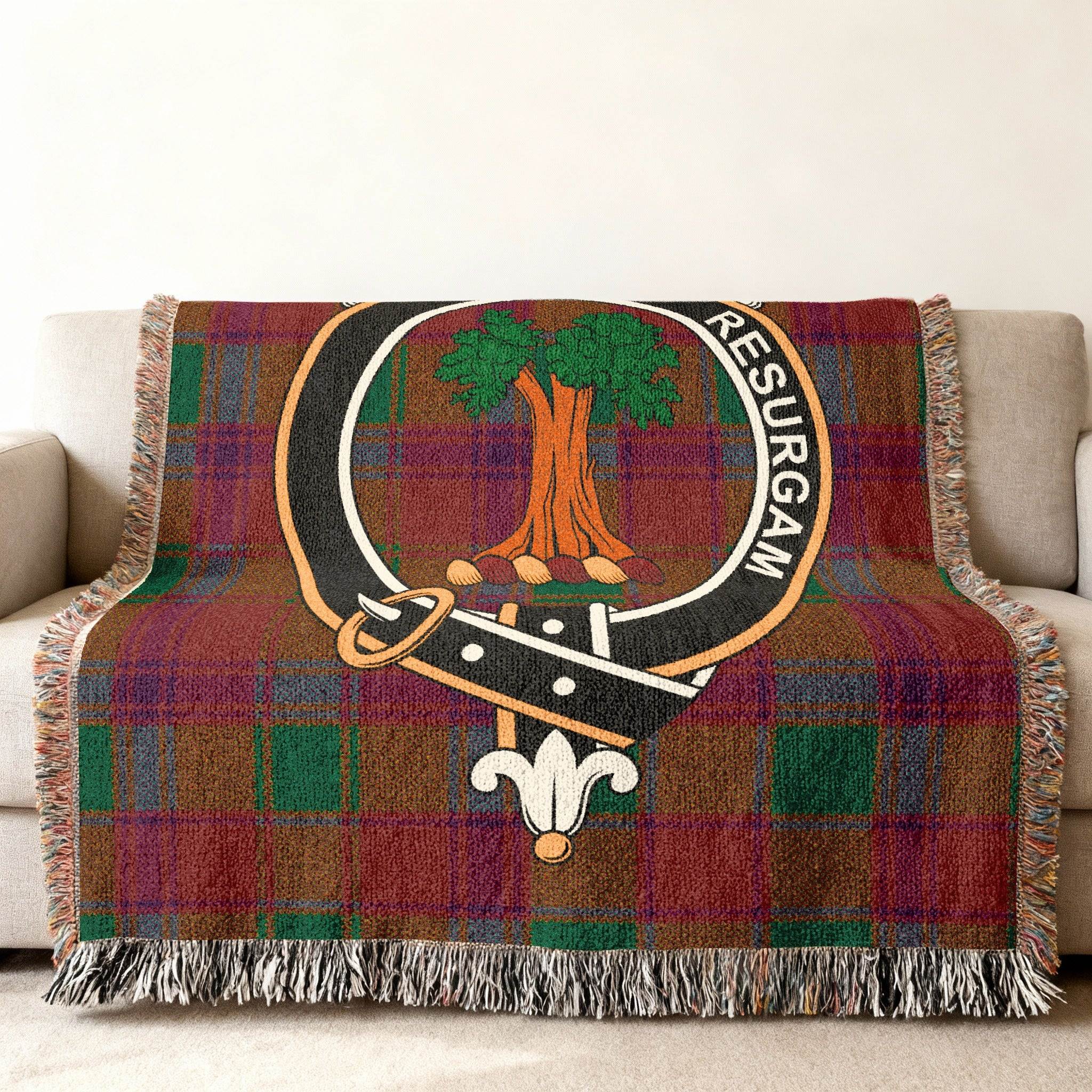 Clan Crest Badge with Resurgam Tartan Throw Blanket