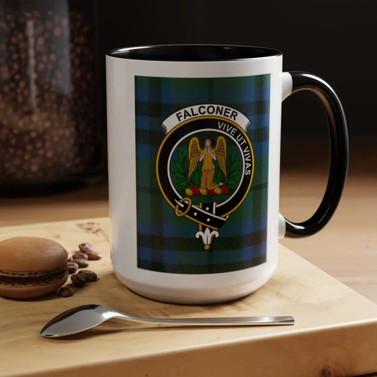 Falconer tartan ceramic mug — back view showing full crest print, black handle