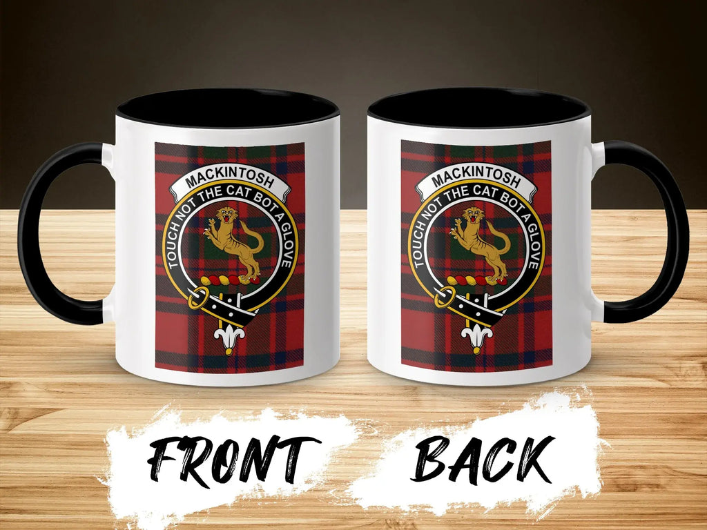 Mug with Mackintosh clan crest and tartan design, showing front and back.