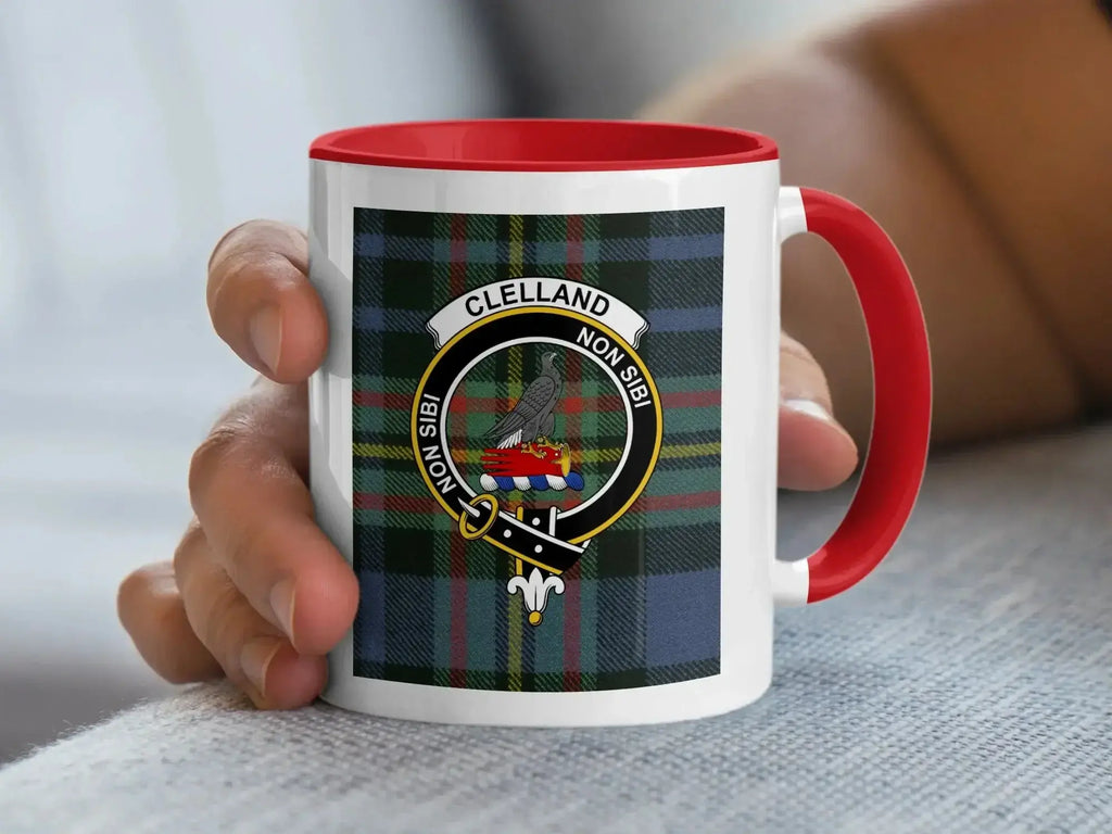 Close-up of the Clelland clan crest printed on a ceramic mug