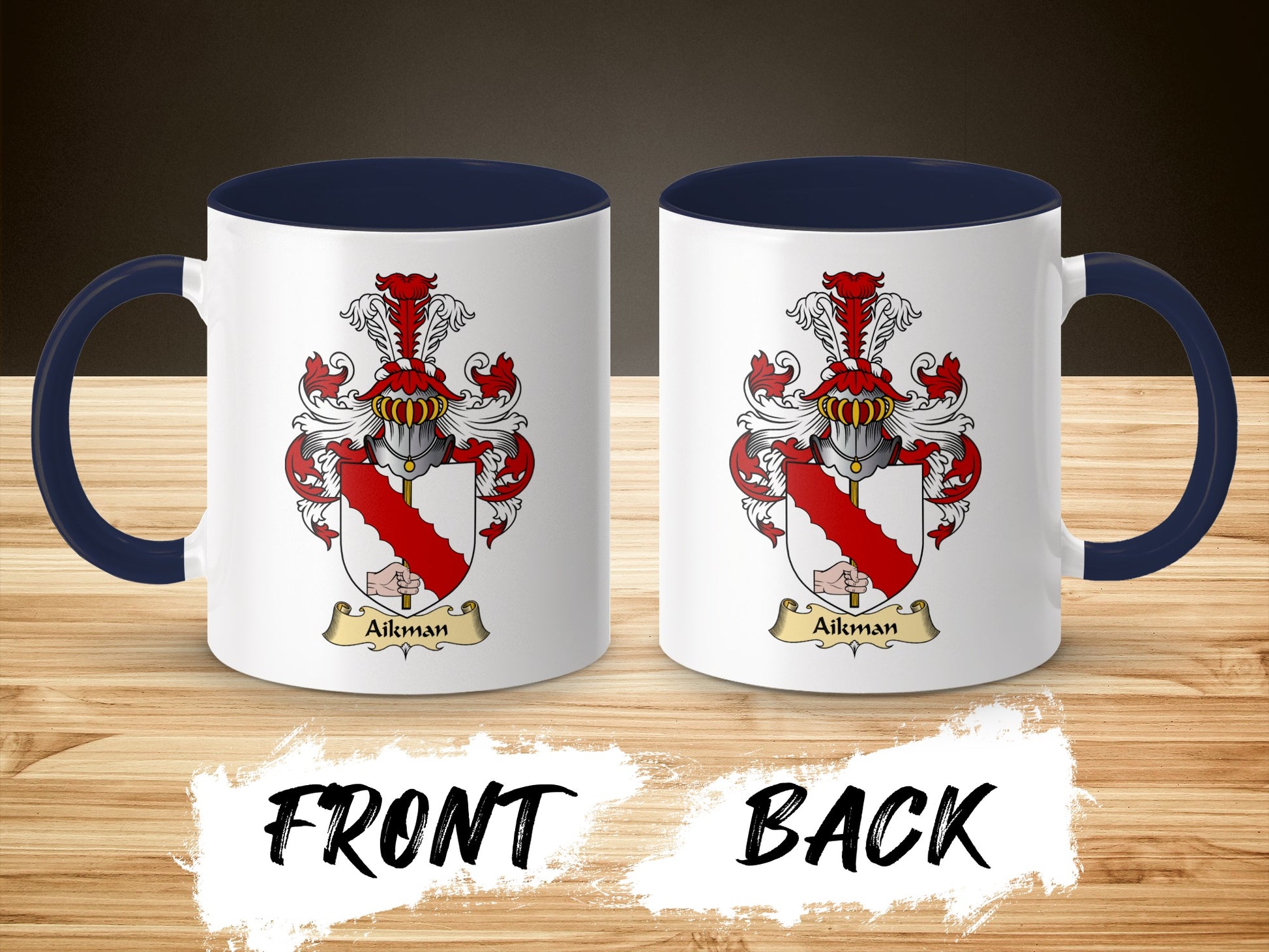 White mug with navy handle displaying Aikman coat of arms on front and back.