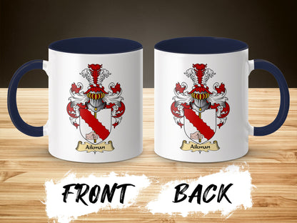 White mug with navy handle displaying Aikman coat of arms on front and back.