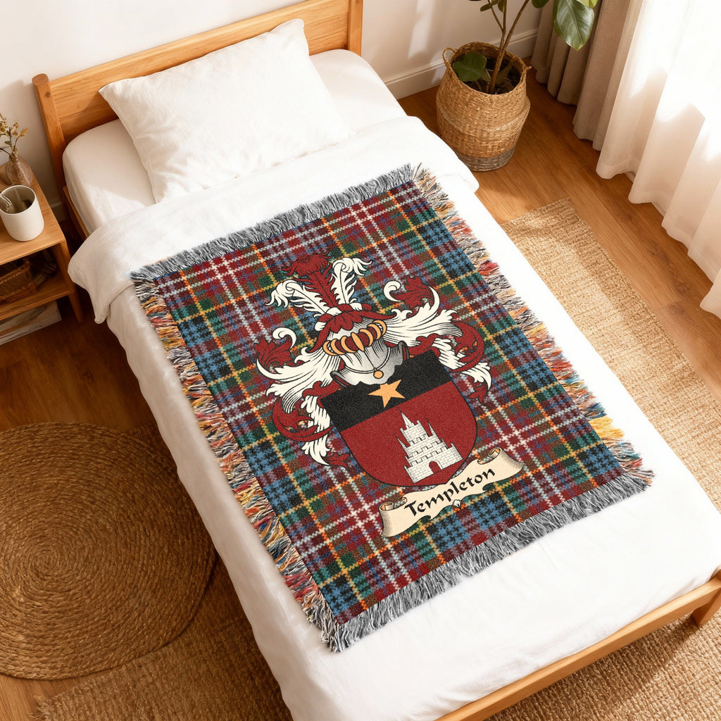Templeton Caledonia tartan heritage woven throw blanket with family shield