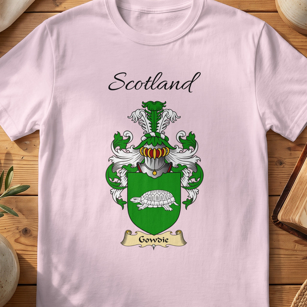 Light Pink Gowdie Scottish family shield T-shirt featuring a pale tortoise on a green shield
