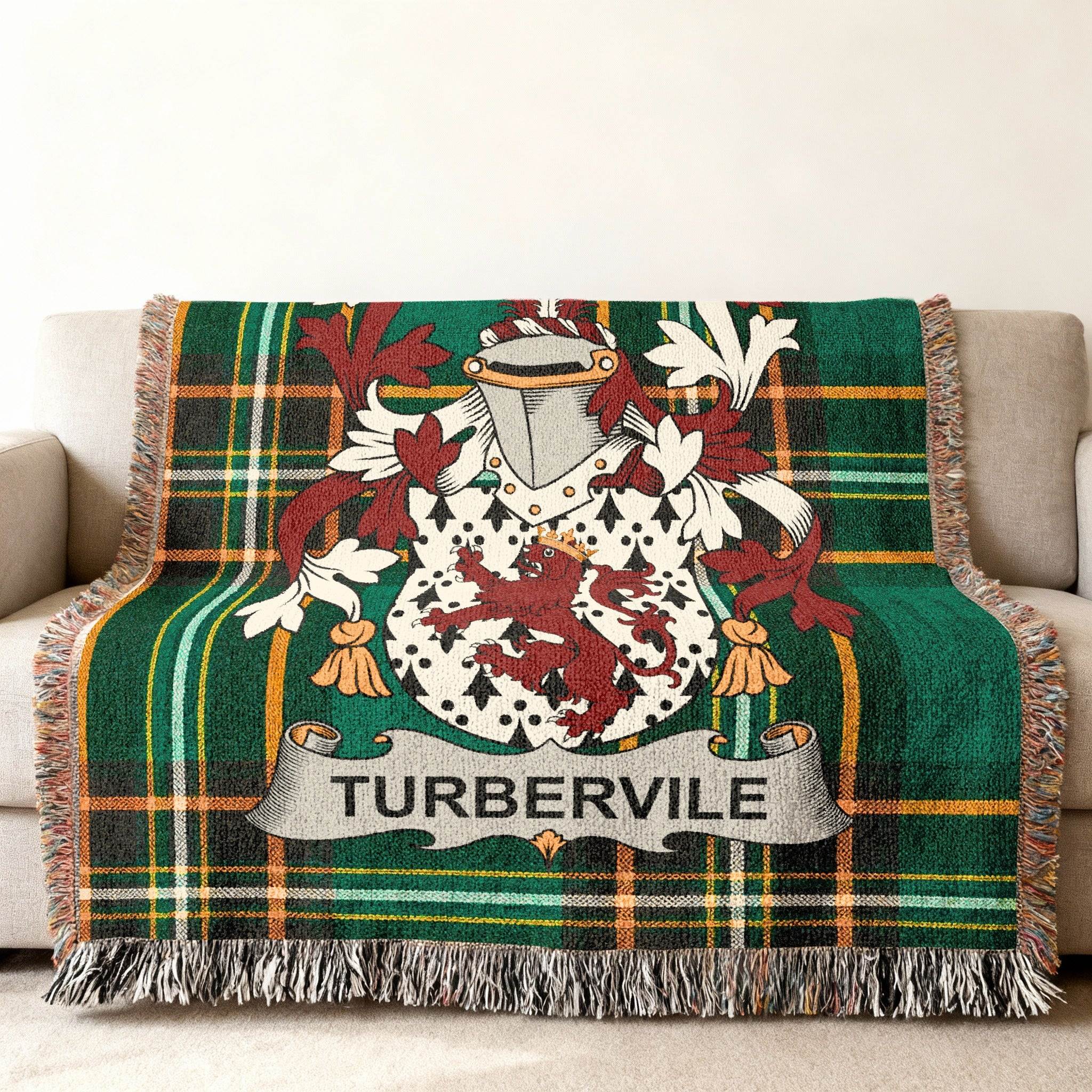 Tartan throw blanket with a red lion crest and "TURBERVILE" text.
