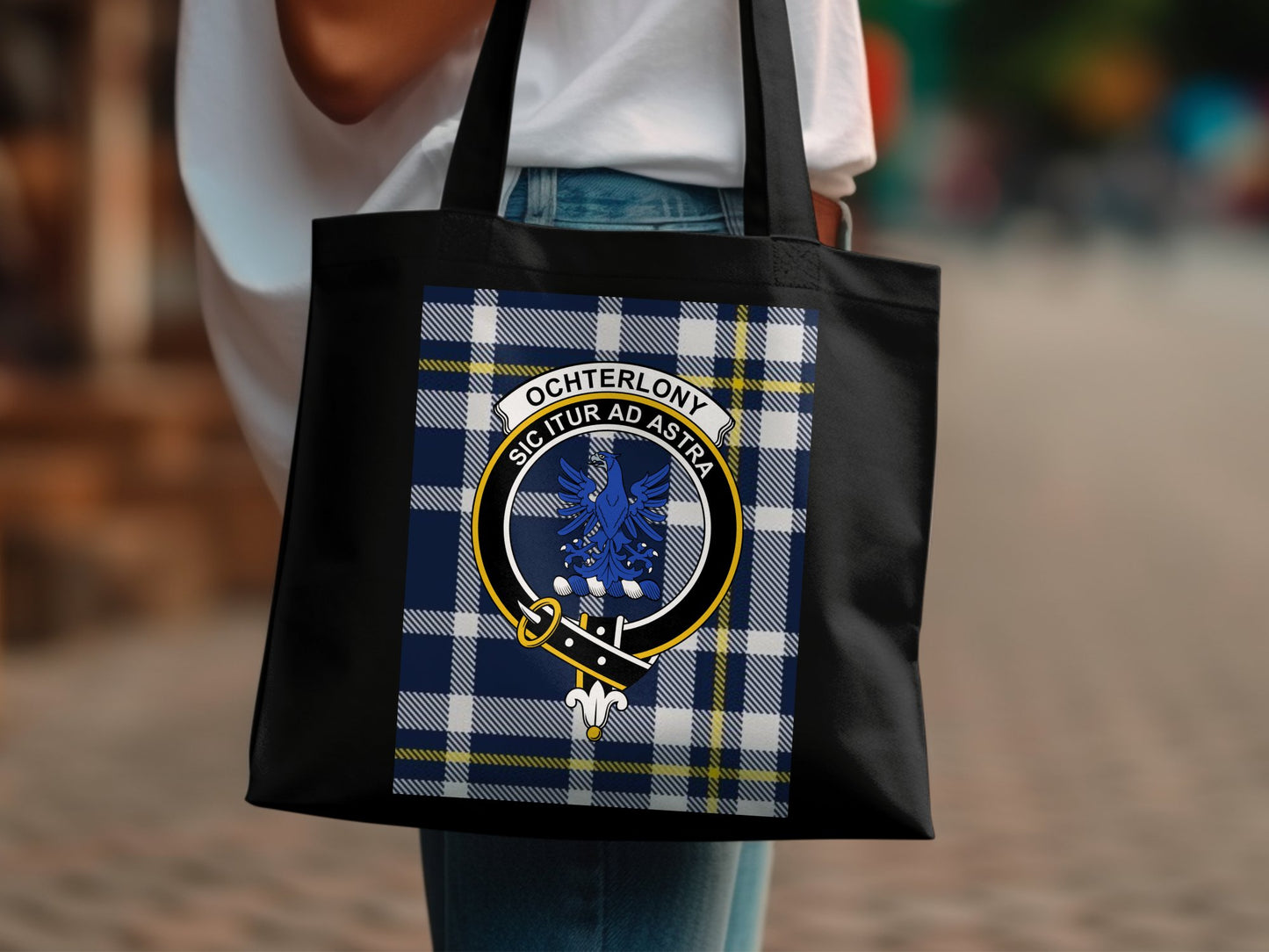 Scottish Clan Crest on Tartan Background Tote Bag - Living Stone Gifts