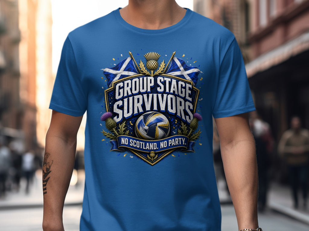 T-shirt with Scotland flags, volleyball, thistles, and text "Group Stage Survivors. No Scotland. No Party."