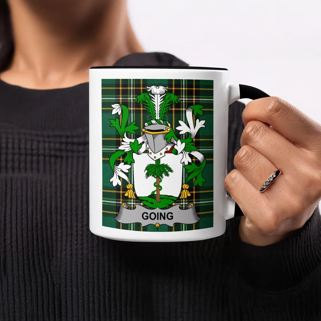 Coaching mug with a green tartan crest and the surname "Going".
