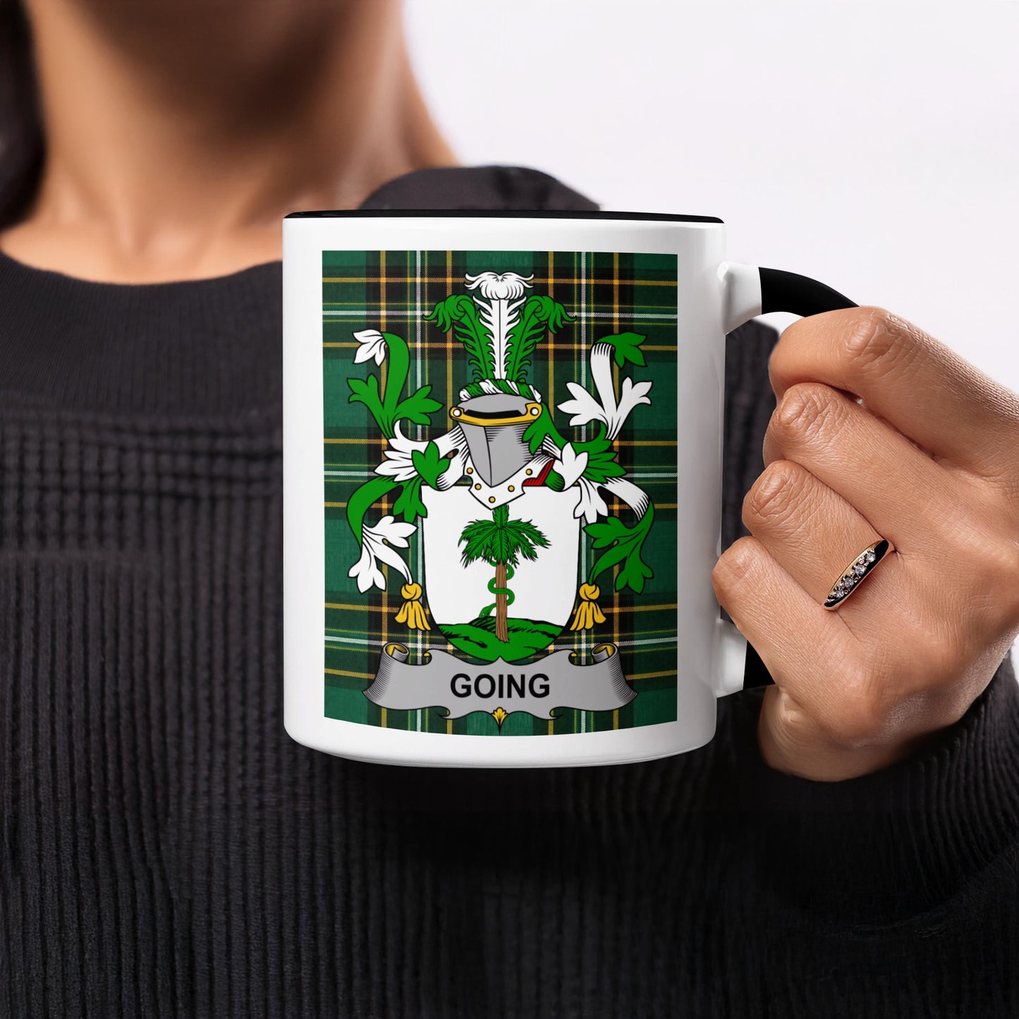 Coaching mug with a green tartan crest and the surname "Going".