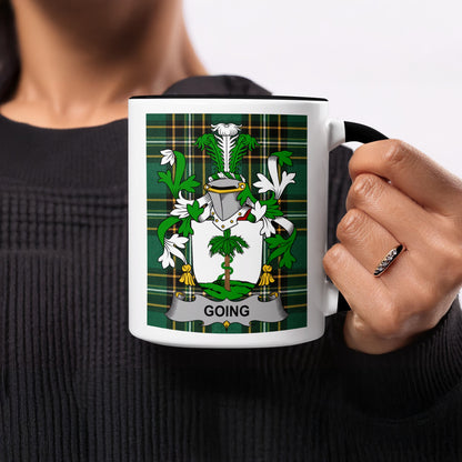 Coaching mug with a green tartan crest and the surname "Going".
