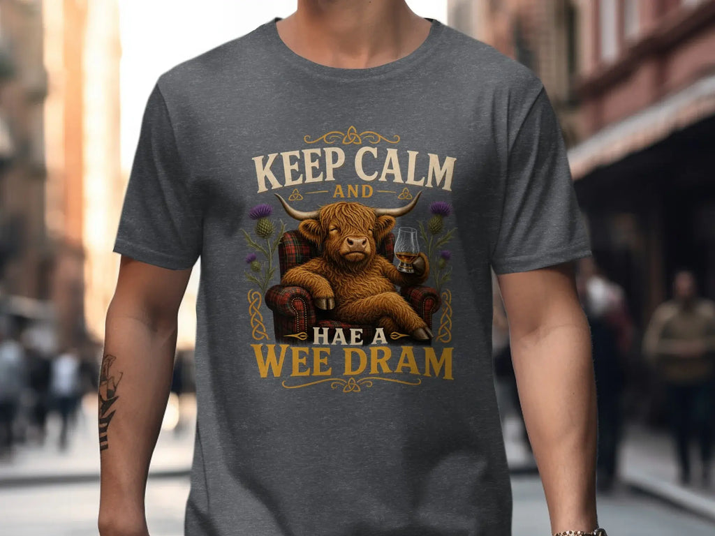 T-shirt with Scottish bull, whisky glass, and "Keep Calm and Hae a Wee Dram" text.