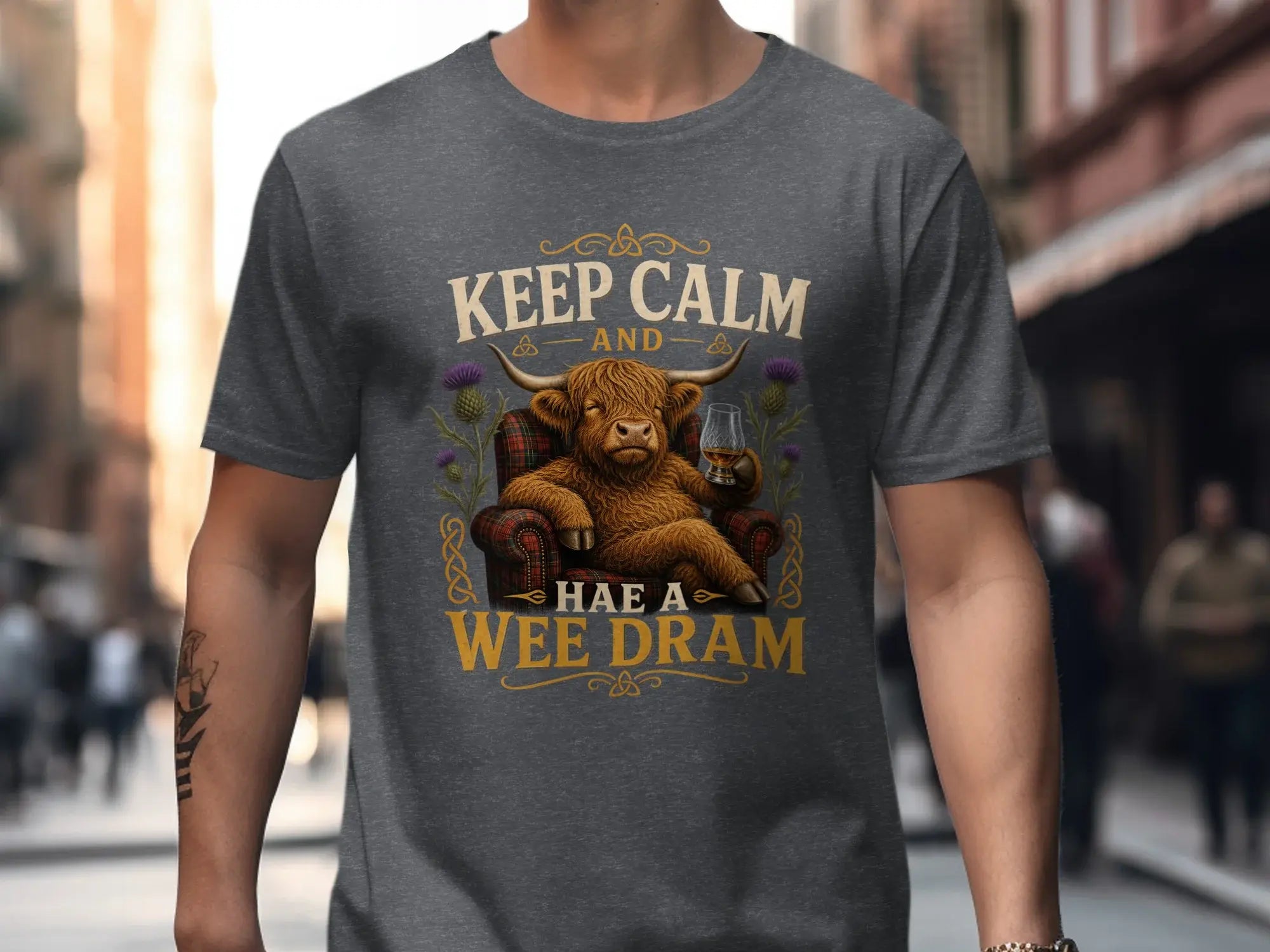 T-shirt with Scottish bull, whisky glass, and "Keep Calm and Hae a Wee Dram" text.