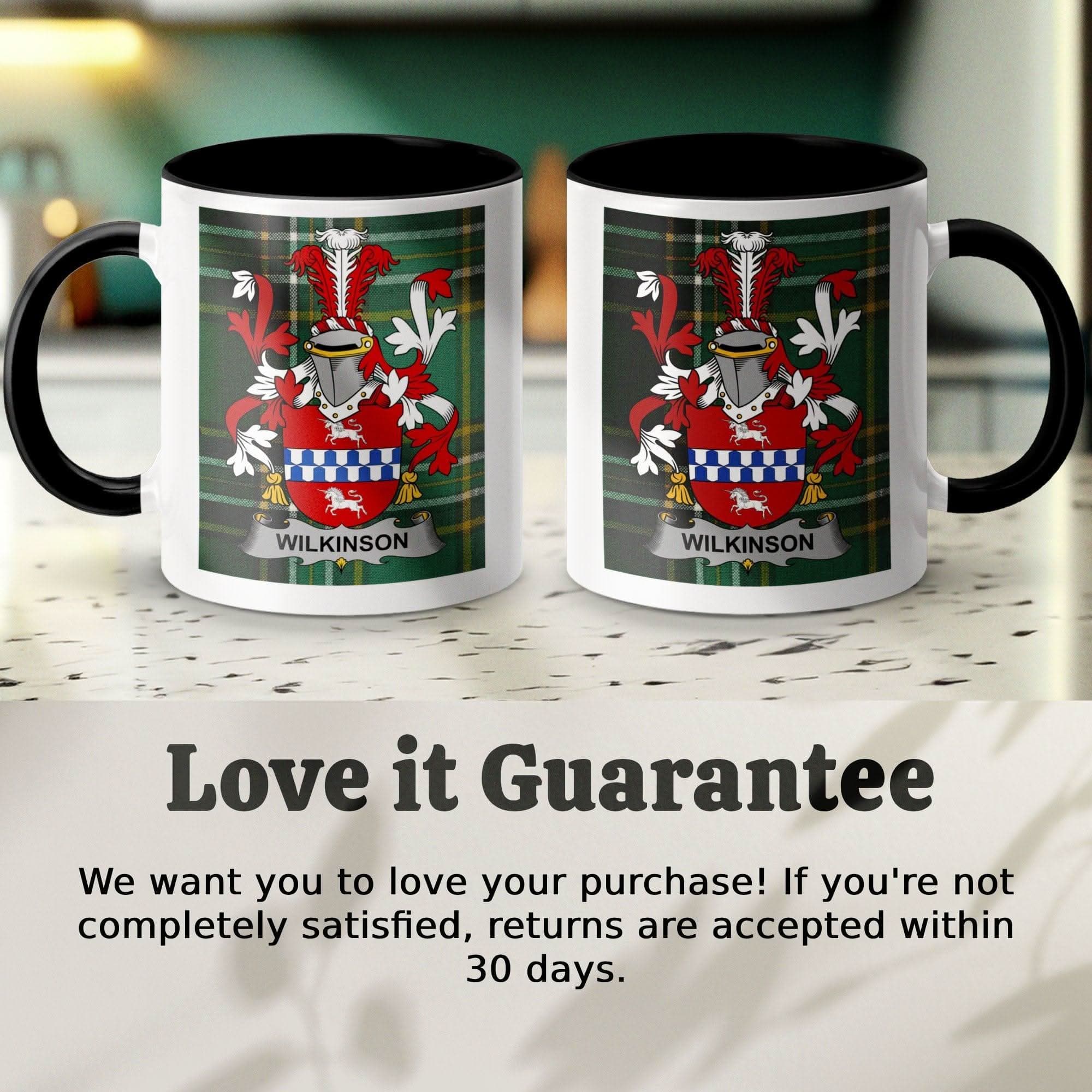 Wilkinson Surname Family Crest Irish Tartan Mug - Celtic Ancestry Gifts