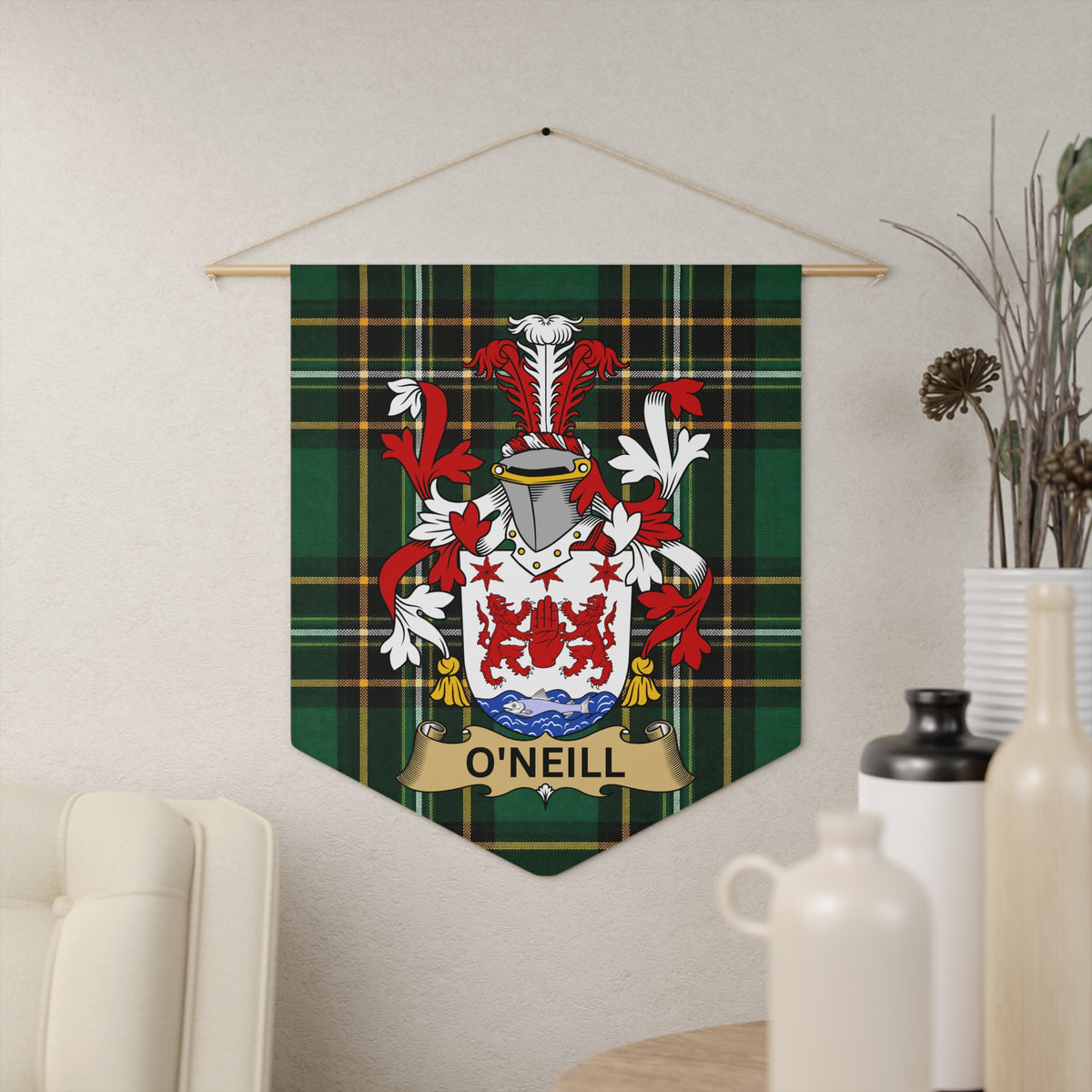 O'NEILL family crest pennant on green tartan background.