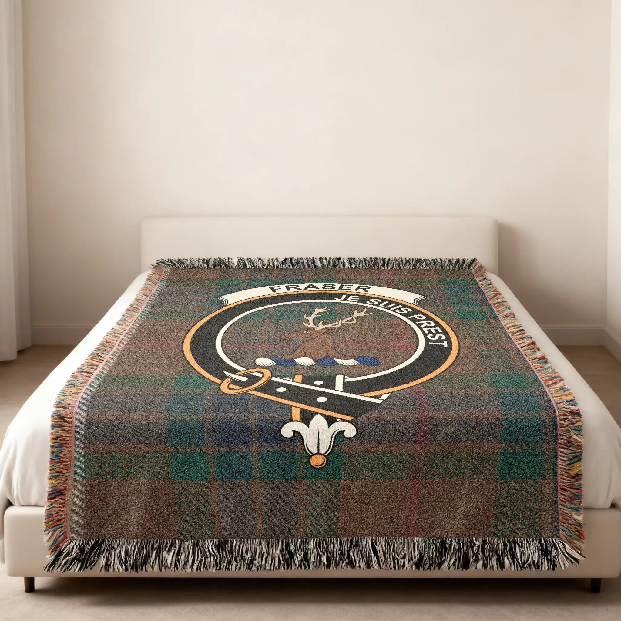Fraser Je Suis Prest woven blanket folded — showing fringe detail and red tartan crest pattern