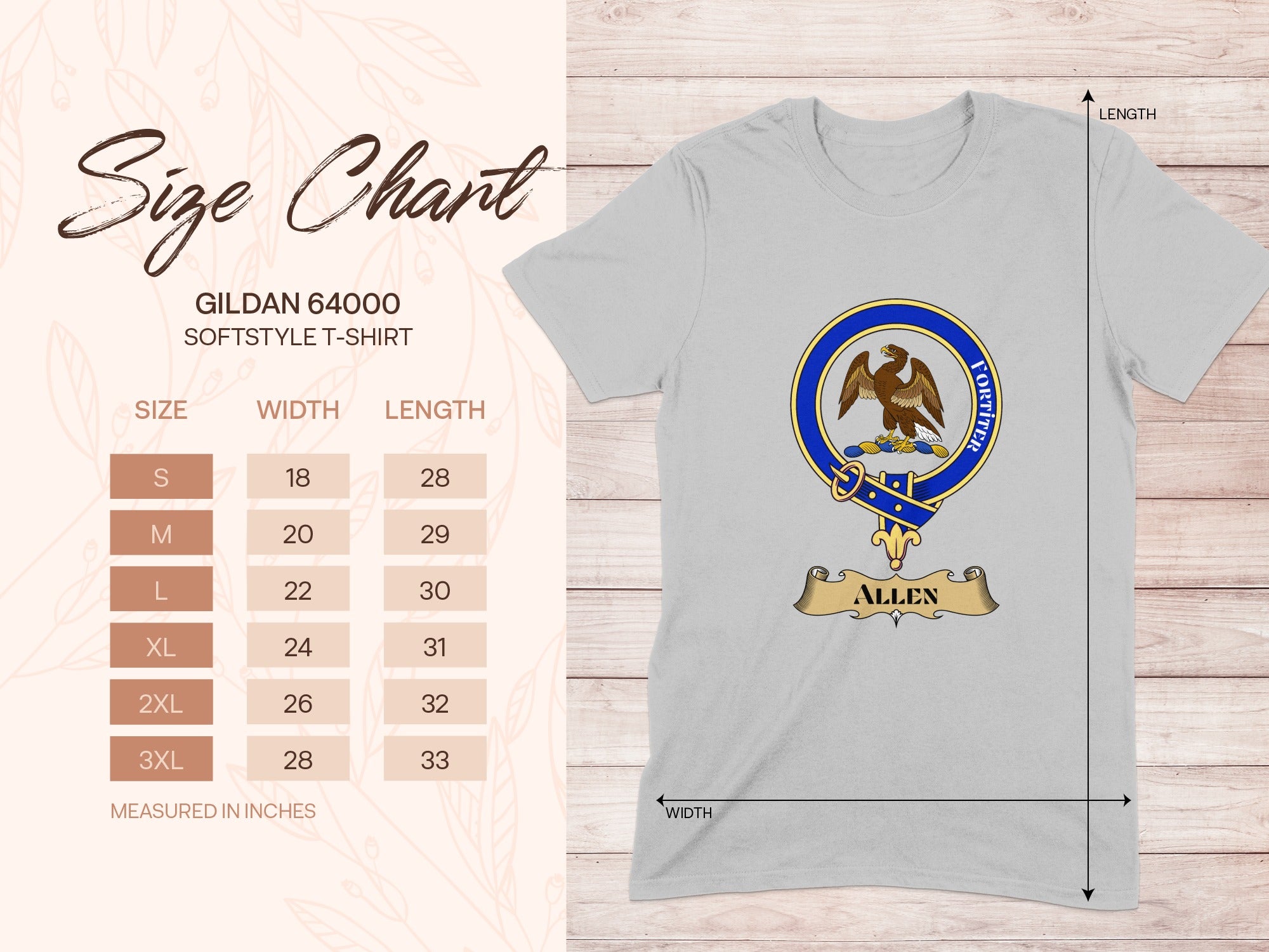 Gildan 64000 size chart for Allen Scottish clan crest T-shirt
