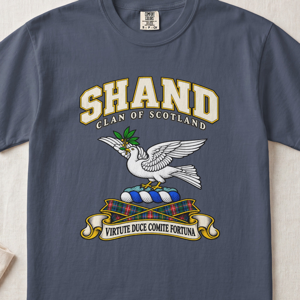 Shand Scottish clan T-shirt in Midnight, front view with a white dove in flight carrying a green branch and motto design.